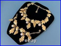 Givenchy Sign Gold Tone Chunky Faux Pearls Acorn Foliage Necklace & Bracelet Set