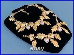 Givenchy Sign Gold Tone Chunky Faux Pearls Acorn Foliage Necklace & Bracelet Set