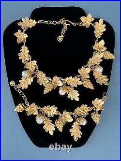 Givenchy Sign Gold Tone Chunky Faux Pearls Acorn Foliage Necklace & Bracelet Set