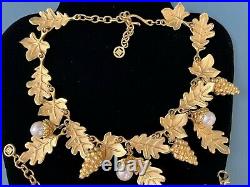 Givenchy Sign Gold Tone Chunky Faux Pearls Acorn Foliage Necklace & Bracelet Set