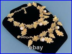 Givenchy Sign Gold Tone Chunky Faux Pearls Acorn Foliage Necklace & Bracelet Set