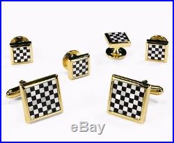 Gold & Black White Square Onyx Mother Of Pearl Checkerboard Cufflinks Stud Set