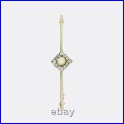 Gold Diamond Brooch Victorian Rose Gold, Silver Set Pearl and Diamond Bar Brooch