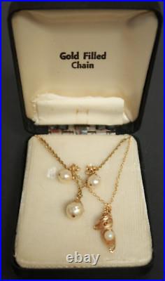 Gold Filled Chained Jewelry Women's 2 Necklaces & Earrings Set withPearl Stones