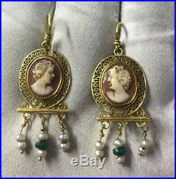 Gold Imperial Roman Filigree Earrings Set With Cameo & Decorated With Pearls