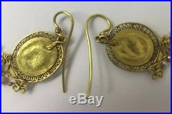 Gold Imperial Roman Filigree Earrings Set With Cameo & Decorated With Pearls
