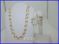 Gold Pearl Jewelry Set Vintage Natural 14k Necklace Hoop Earrings 18 June S037