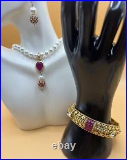 Gold Plate Indian Genuine Ruby Pendant Faux Pearl Necklace Earrings Bracelet Set