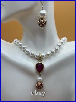 Gold Plate Indian Genuine Ruby Pendant Faux Pearl Necklace Earrings Bracelet Set