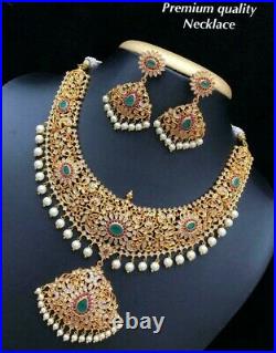 Gold Plated Bollywood CZ AD Fashion Long short Rani Haar Necklace Earring Set