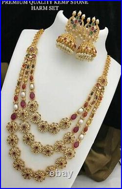 Gold Plated Bollywood Indian Traditional Haram Necklace Jewelry CZ AD Temple Set