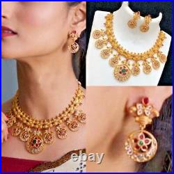 Gold Plated Bollywood Style Choker CZ Necklace Jhumka Earrings Bridal Set