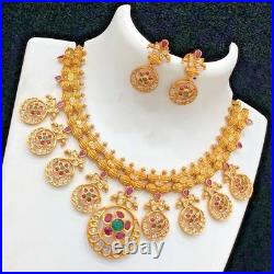Gold Plated Bollywood Style Choker CZ Necklace Jhumka Earrings Bridal Set