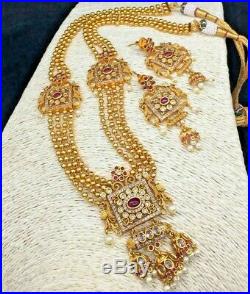 Gold Plated Bollywood Style Long CZ Haram Necklace Jhumka Earrings Bridal Set