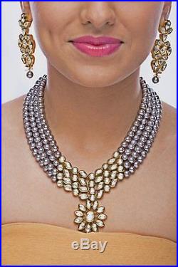 Gold Plated CZ Polki Kundan Silver Gray Pearls Multi Strand Necklace Jewelry Set
