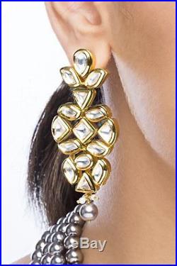 Gold Plated CZ Polki Kundan Silver Gray Pearls Multi Strand Necklace Jewelry Set
