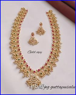 Gold Plated Indian Bollywood Style CZ AD Long Necklace Pearl Temple Jewelry Set