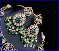 Gold Plated Indian Bollywood Style CZ Pearl Choker Necklace Emerald Jewelry Set