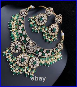 Gold Plated Indian Bollywood Style CZ Pearl Choker Necklace Emerald Jewelry Set