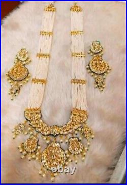 Gold Plated Indian Bollywood Style Pearl Long Kundan Necklace Meena Jewelry Set