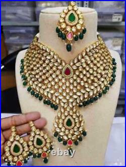 Gold Plated Kundan & Beads Dropping Leaf Shape Design Bridal Choker Necklace Set