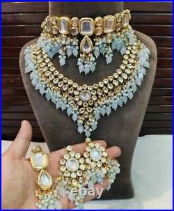 Gold Plated Kundan & Beads Dropping Pearls Statement Wedding Bridal Jewelry Set