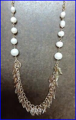 Gold Plated Leaf & Pearl Chain Bracelet Earrings Set