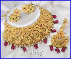 Gold Plated Pearl Choker Necklace Set Bollywood Bridal Indian Fashion Sets NH