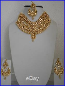 Gold Tone Kundan Necklace Earring Mangtika Pearls Mina Bollywood Jewelry Set sd