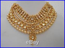 Gold Tone Kundan Necklace Earring Mangtika Pearls Mina Bollywood Jewelry Set sd