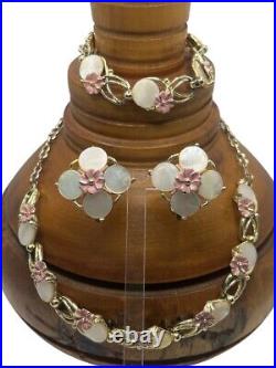 Gold tone pastel pink flower mother of pearl set earrings, necklace & bracelet