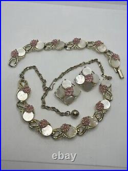 Gold tone pastel pink flower mother of pearl set earrings, necklace & bracelet