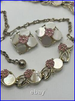 Gold tone pastel pink flower mother of pearl set earrings, necklace & bracelet