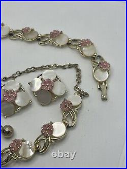 Gold tone pastel pink flower mother of pearl set earrings, necklace & bracelet