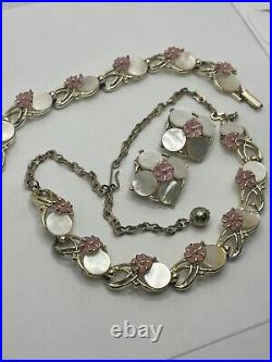 Gold tone pastel pink flower mother of pearl set earrings, necklace & bracelet