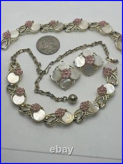 Gold tone pastel pink flower mother of pearl set earrings, necklace & bracelet