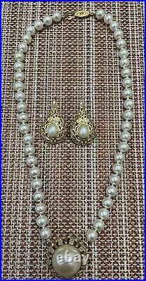 Gold-tone pearl necklace with matching earrings set