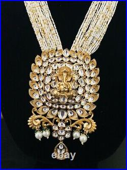 Golden Ganpati Necklace with Multistrand Pearl beads Mala/ Kundan Temple Jewelry