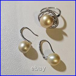 Golden South Sea Pearl ring, Size 8 And Earrings Set In Sterling Silver-New