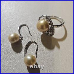 Golden South Sea Pearl ring, Size 8 And Earrings Set In Sterling Silver-New