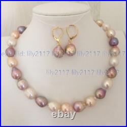 Gorgeous 12-13mm South Sea Baroque Multi-Color Pearl Necklace Earrings Set 14k