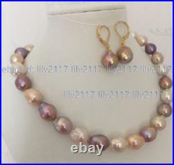 Gorgeous 12-13mm South Sea Baroque Multi-Color Pearl Necklace Earrings Set 14k
