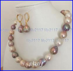 Gorgeous 12-13mm South Sea Baroque Multi-Color Pearl Necklace Earrings Set 14k