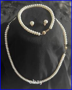 Gorgeous 14K GOLD HONORA Vintage BUTTON PEARL NECKLACE/BRACELET/EARRINGS SET See