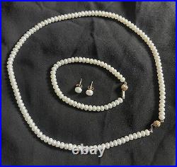 Gorgeous 14K GOLD HONORA Vintage BUTTON PEARL NECKLACE/BRACELET/EARRINGS SET See