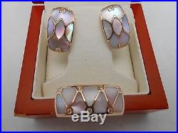 Gorgeous 14k Solid Rose Gold Diamond & Mother Of Pearl Pendant & Earrings Set