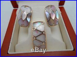 Gorgeous 14k Solid Rose Gold Diamond & Mother Of Pearl Pendant & Earrings Set