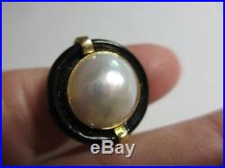 Gorgeous 14k Yg 8-10 MM Mabe Pearl & Onyx Ring & Earrings Set-exquisite Trio-nr
