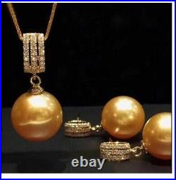 Gorgeous AAA++10-11mm natural south sea golden round pearl pendant earring set