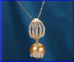 Gorgeous AAA++10-11mm natural south sea golden round pearl pendant earring set